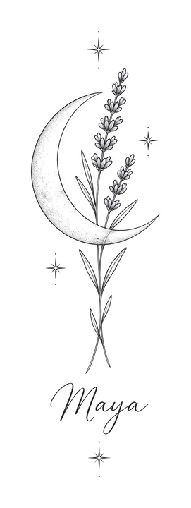 A fine-line crescent moon with lavender and stars, and the name Maya in thin script below