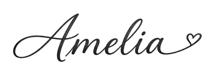 The name Amelia in flowing black script, the last stroke ending in a small heart