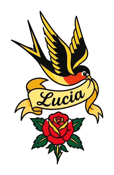 A traditional swallow carrying a yellow banner that reads Lucia, with a red rose below