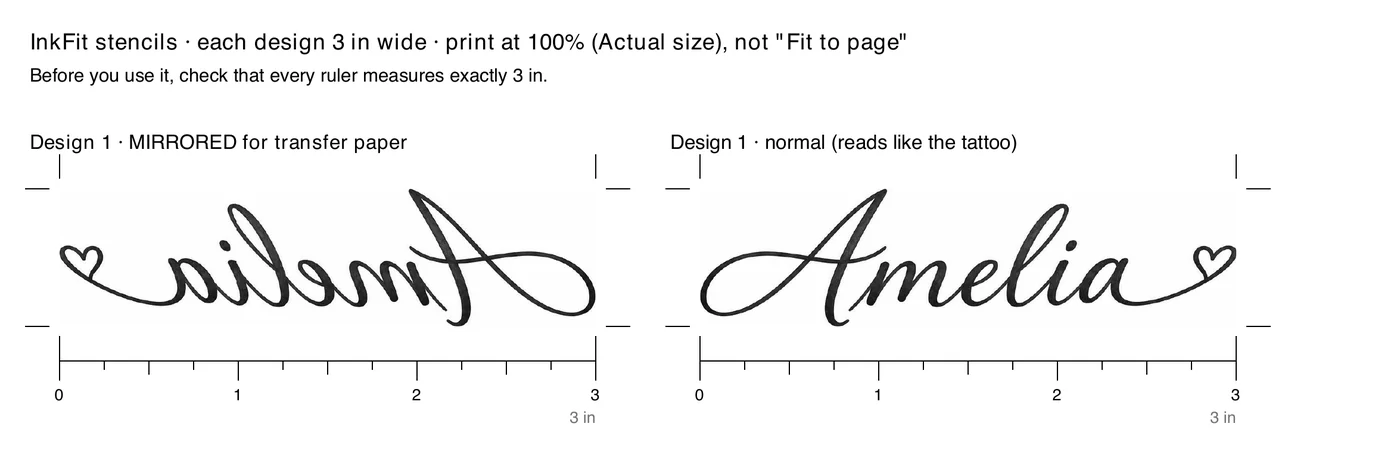 Top of a stencil page from InkFit's PDF: the name Amelia in script, once mirrored and once normal, each above a 3-inch ruler with cut marks