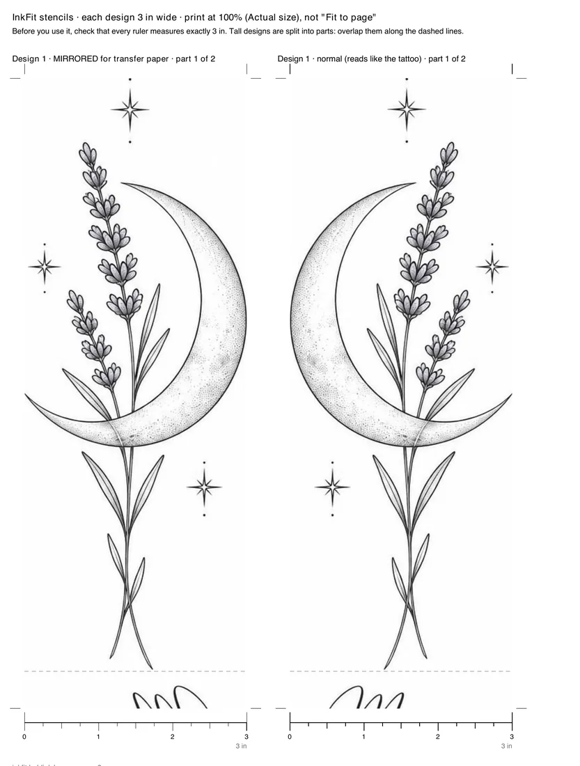 Part 1 of 2 of the fine-line moon stencil at 3 in wide: the moon and lavender, mirrored and normal, with a dashed overlap line near the bottom