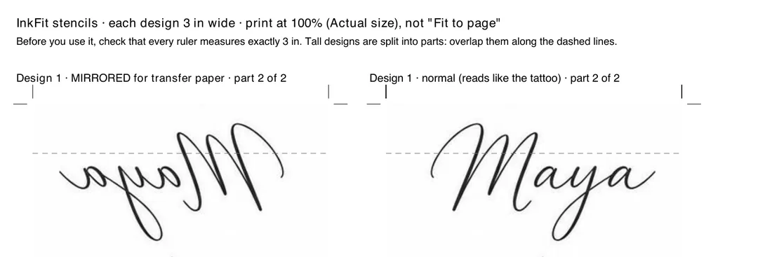 Part 2 of 2 of the moon stencil: the name Maya, mirrored and normal, with a dashed overlap line at the top and a 3-inch ruler